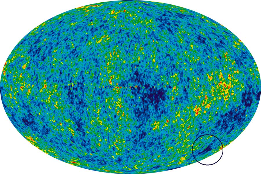 Exact location of the Eridanus Supervoid on the map of the cosmic microwave background, provided by the WMAP spacecraft. The Giant Cold Spot, as it is mostly referred to, is the largest such object in the universe, if we can even call it an object. Credit: WMAP Science Team, NASA