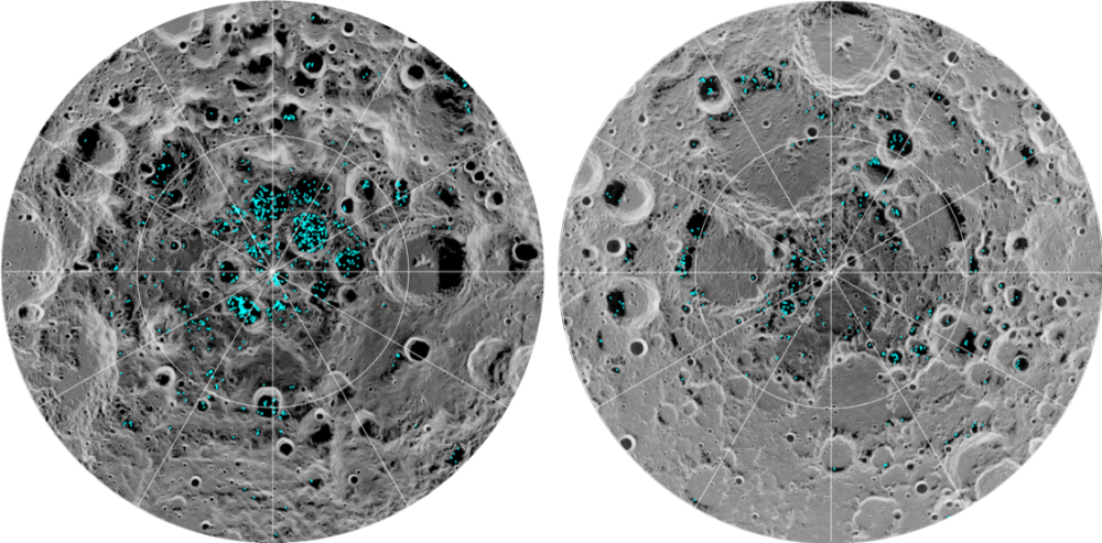 This image shows ice distribution on the Moon's Poles, provided by NASA's Moon Mineralogy Mapper. Credit: NASA