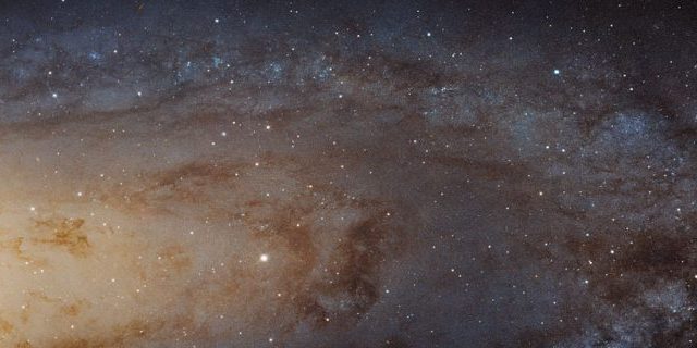 On this mosaic image, we see about 48,000 light-years out of the 220,000 light-year span of the Andromeda Galaxy. A better-quality version is included in the article below. Credit: NASA, ESA, J. Dalcanton, B.F. Williams and L.C. Johnson (University of Washington), the PHAT team and R. Gendler