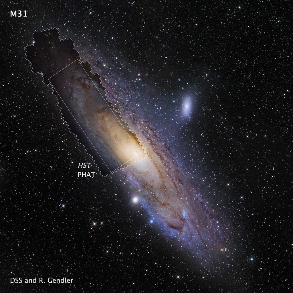 You can see how the mosaic image fits into the ground-based image of the entire Andromeda Galaxy. Credit:NASA, ESA and Z. Levay (STScI/AURA); PHAT Mosaic: NASA, ESA, J. Dalcanton, B.F. Williams, L.C. Johnson (University of Washington), the PHAT team and R. Gendler; Ground-based Background Image of M31 (c) 2008 R. Gendler