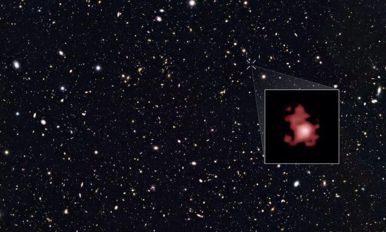 While this image may not be truly accurate, this is the superimposed location of the oldest and most distant galaxy ever observed - GN-z11. Credit: NASA, ESA, P. Oesch (Yale University), G. Brammer (STScI), P. van Dokkum (Yale University), and G. Illingworth (University of California, Santa Cruz)