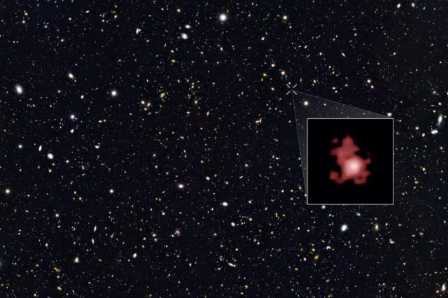 While this image may not be truly accurate, this is the superimposed location of the oldest and most distant galaxy ever observed - GN-z11. Credit: NASA, ESA, P. Oesch (Yale University), G. Brammer (STScI), P. van Dokkum (Yale University), and G. Illingworth (University of California, Santa Cruz)