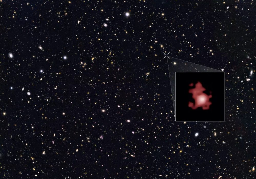 While this image may not be truly accurate, this is the superimposed location of the oldest and most distant galaxy ever observed - GN-z11. Credit: NASA, ESA, P. Oesch (Yale University), G. Brammer (STScI), P. van Dokkum (Yale University), and G. Illingworth (University of California, Santa Cruz)
