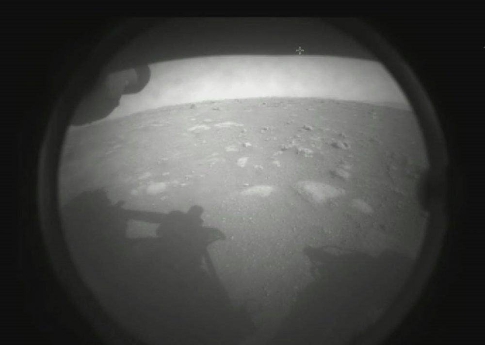 Transmitted minutes after the landing, this was the first low-resolution image we saw from the mission. Credit: NASA/JPL-Caltech