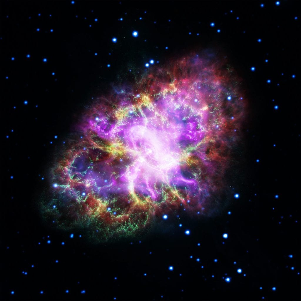 The magnificent Crab Nebula, remnant of a supernova explosion which was seen by Medieval astronomers in the 11th century. Credit: NASA, ESA, G. Dubner (IAFE, CONICET-University of Buenos Aires) et al.; A. Loll et al.; T. Temim et al.; F. Seward et al.; VLA/NRAO/AUI/NSF; Chandra/CXC; Spitzer/JPL-Caltech; XMM-Newton/ESA; and Hubble/STScI