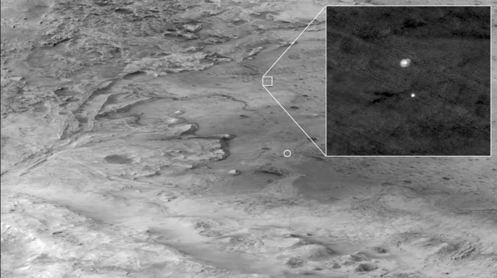 An incredible achievement - the Mars Reconnaissance Orbiter orbital mission filmed the landing of Perseverance during the parachute descent. Credit: NASA TV