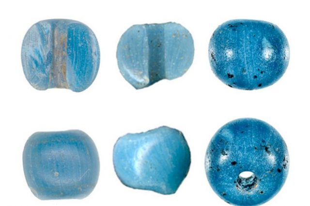 These blue glass beads are now considered the oldest European goods in America. Credit: (M. L. Kunz et al. / American Antiquity)