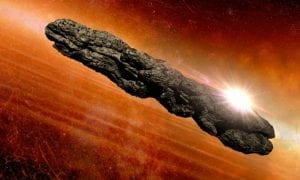 An artist's take on the appearance of Oumuamua based on the scientific observations from 2017. Credit: Habbick Visions/Science Photo Library