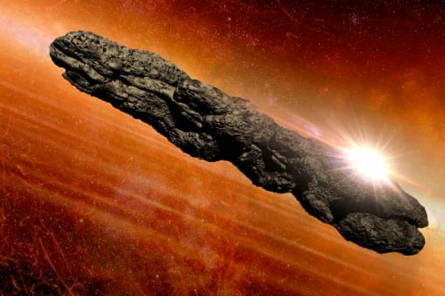 An artist's take on the appearance of Oumuamua based on the scientific observations from 2017. Credit: Habbick Visions/Science Photo Library