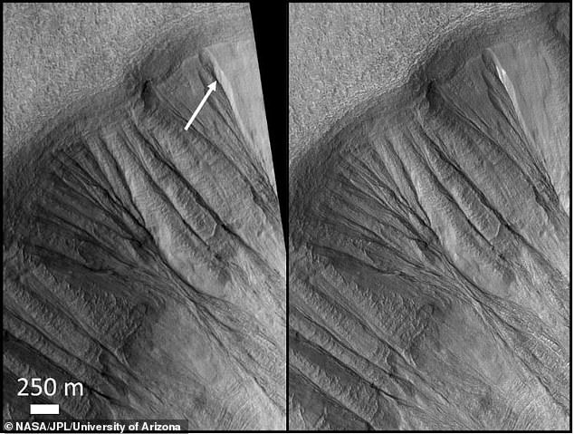 These images were made more than a decade apart and show a change in the landscape where dusty water ice has been exposed and is likely melting on Mars. Credit: NASA/JPL/University of Arizona