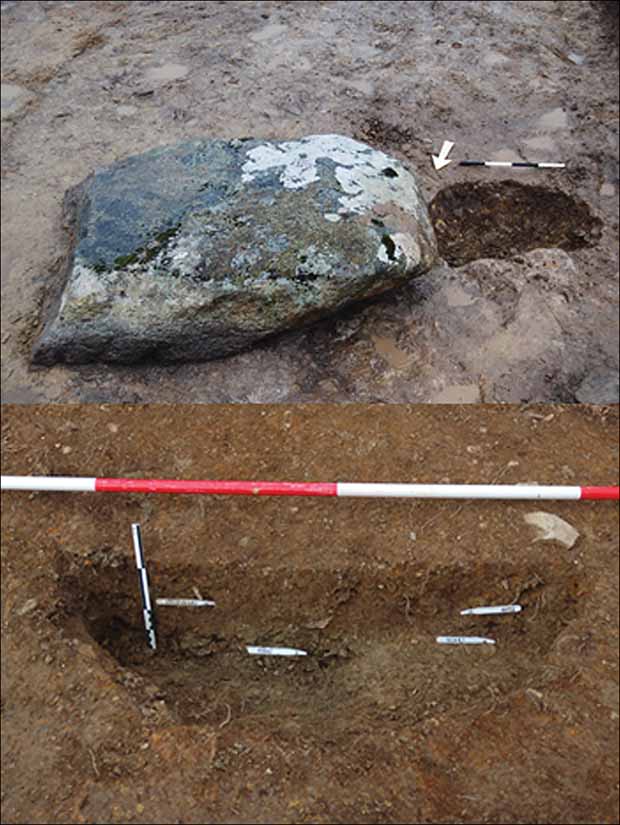 Above: one of the fallen monoliths that formed the western side of the entrance to the Waun Mawn stone circle; below: a depression from the stone that formed the eastern side of the entrance. This pair of monoliths was oriented towards the sunrise point during the summer solstice. Credit: Parker Pearson et al. / Antiquity, 2021