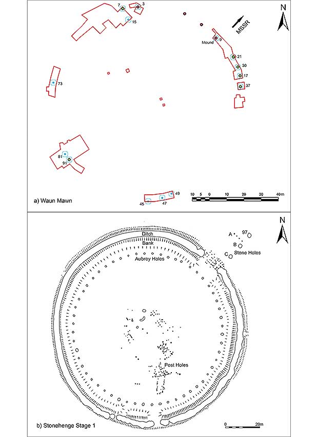 a) Vaun Maun: excavation trenches (red) showing the location of the four surviving stones (red and black) and excavated monolith pits (green and black); b) The first stage of the construction of Stonehenge (beginning of the III millennium BC). Credit: Parker Pearson et al. / Antiquity, 2021