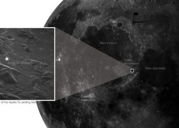 The exact location of the Apollo 15 landing site shown on the brand new image of the Moon. Credit: Sophia Dagnello, NRAO/GBO/Raytheon/AUI/NSF/USGS