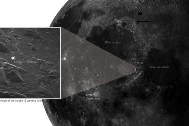 The exact location of the Apollo 15 landing site shown on the brand new image of the Moon. Credit: Sophia Dagnello, NRAO/GBO/Raytheon/AUI/NSF/USGS