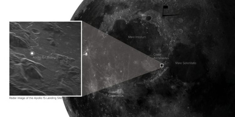 The exact location of the Apollo 15 landing site shown on the brand new image of the Moon. Credit: Sophia Dagnello, NRAO/GBO/Raytheon/AUI/NSF/USGS