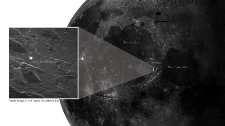 The exact location of the Apollo 15 landing site shown on the brand new image of the Moon. Credit: Sophia Dagnello, NRAO/GBO/Raytheon/AUI/NSF/USGS
