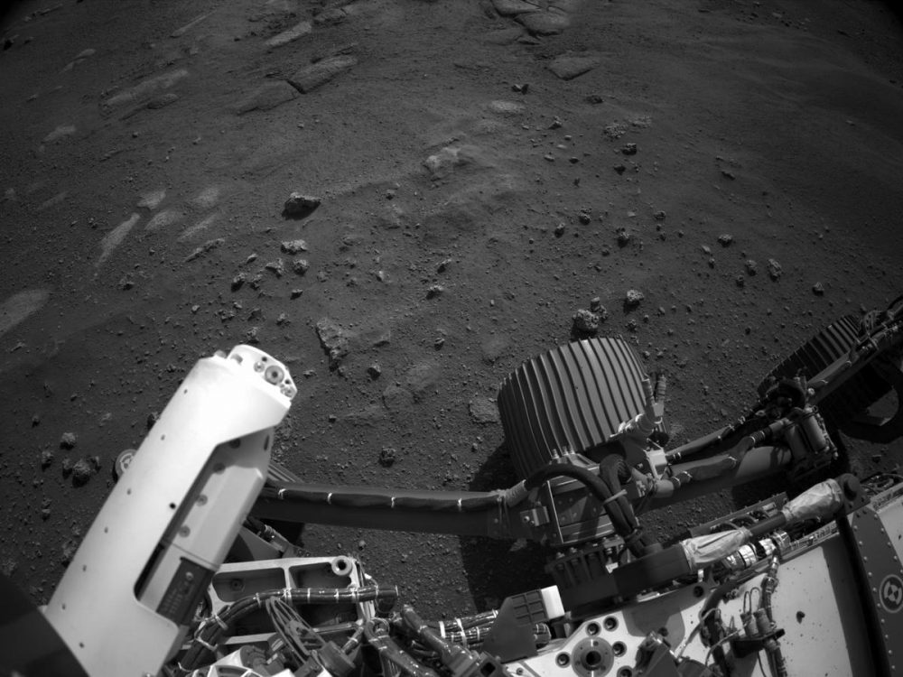 A shot of the surface of Mars including part of the Perseverance rover taken by the Right Navigation Camera. Credit: NASA/JPL-Caltech