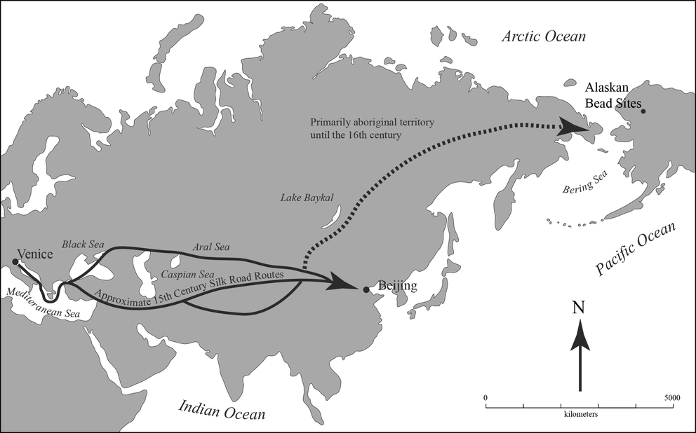 Travel route of Venetian beads to America. Credit: American Antiquity