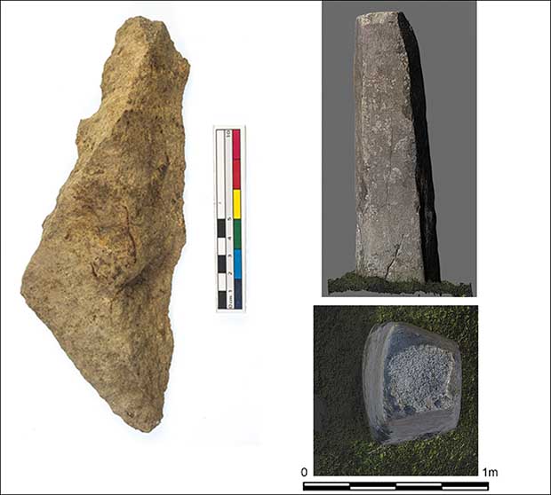 Left: dolerite flake found in one of the depressions; top right: one of the Stonehenge monoliths belonging to the same dolerite variety; bottom right: Basal section of Stonehenge 62, similar in shape to the pentagonal imprint at Waun Mawn in Wales. Credit: Parker Pearson et al. / Antiquity, 2021