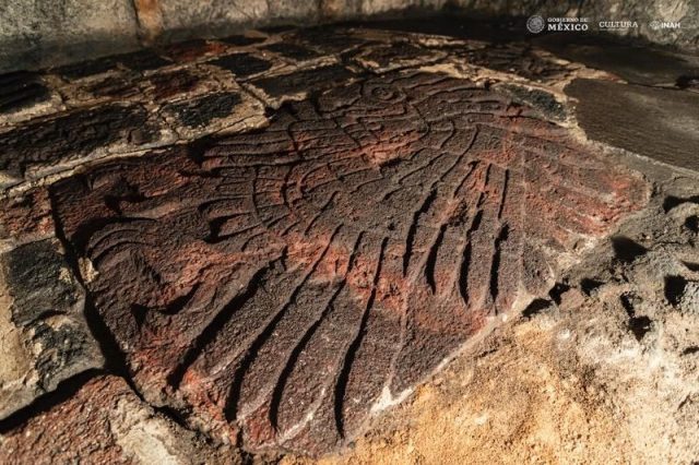 The newly found bas-relief of a golden eagle is the largest out of 67 such drawings discovered at Templo Mayor. Credit: Mirsa Islas / INAH