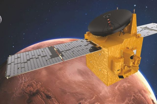 Artist's impression of UAE's Hope Mars Orbiter that should reach orbit within hours. Credit: MBRSC