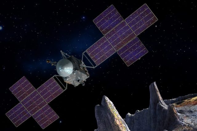 NASA's probe approaching the asteroid (16) Psyche, artistic take. Credit: NASA / JPL-Caltech/Arizona State Univ./Space Systems Loral/Peter Rubin.