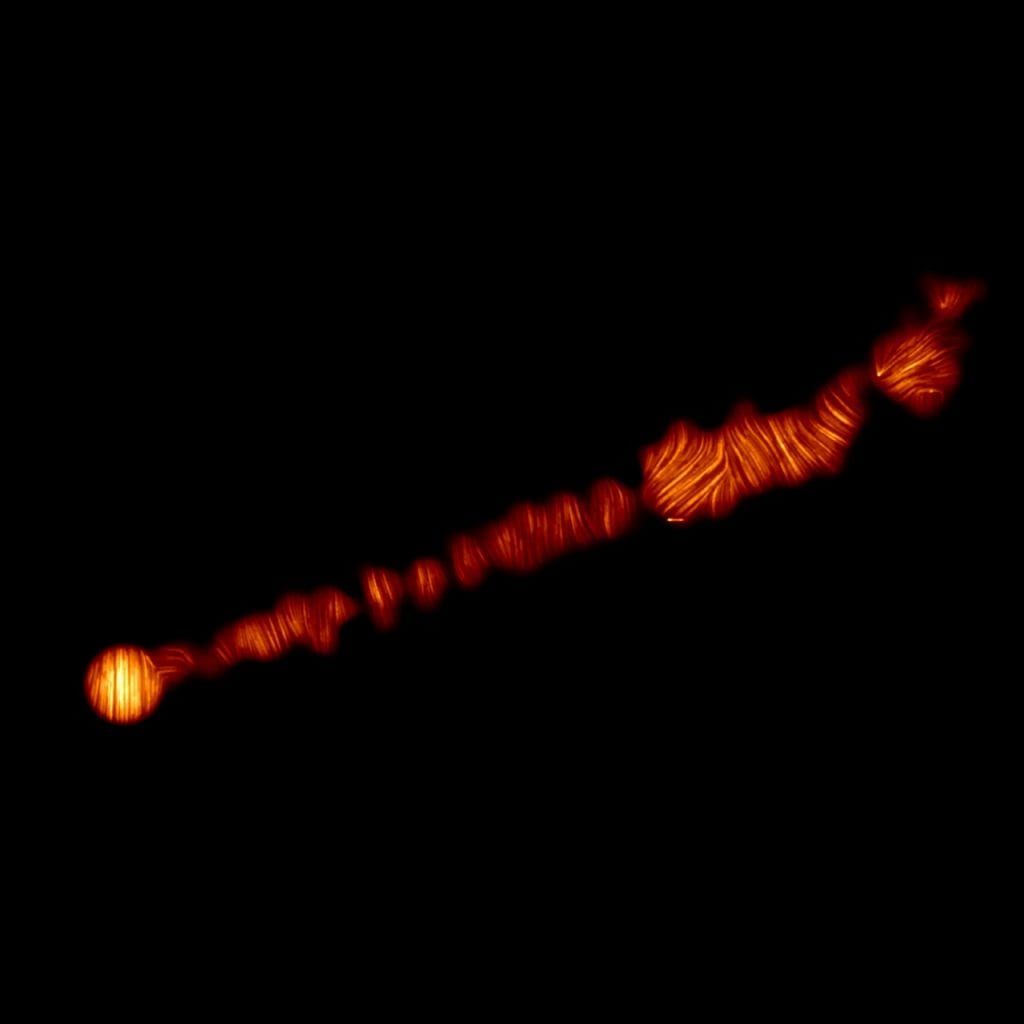 ALMA image of M87 jet in polarised light Credit: ALMA Observatory ( ESO AstronomyNAOJ/NRAO), Goddi et al.