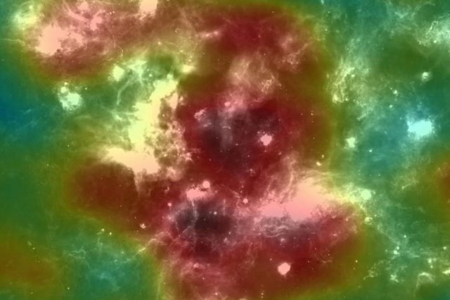 Gamma ray data (colors indicate intensity) superimposed on an infrared map of the Cygnus Cacoon region where scientists detected the most powerful particle accelerator in the Milky Way. Credit: IFJ PAN / HAWC