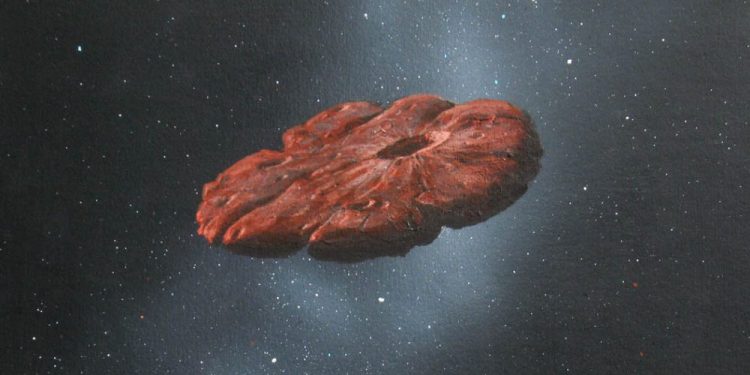 This is a painting by scientists William K. Hartmann based on the theory that Oumuamua may have had a flat pancake disk shape. Credit: William Hartmann