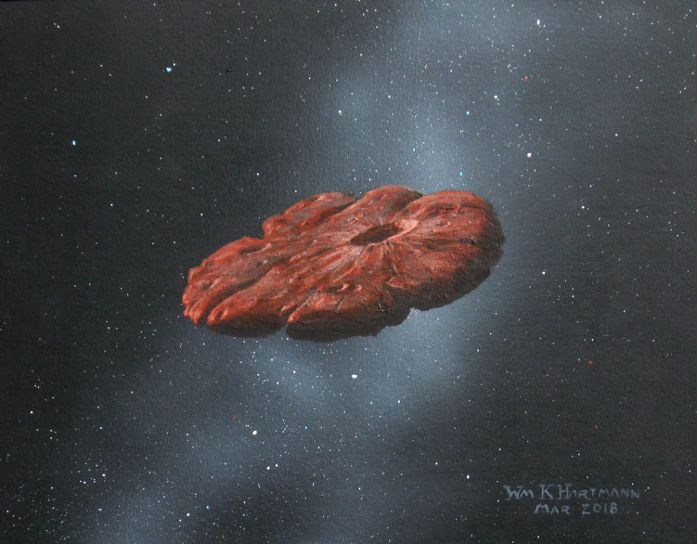 This is a painting by scientists William K. Hartmann based on the theory that Oumuamua may have had a flat pancake disk shape. Credit: William Hartmann