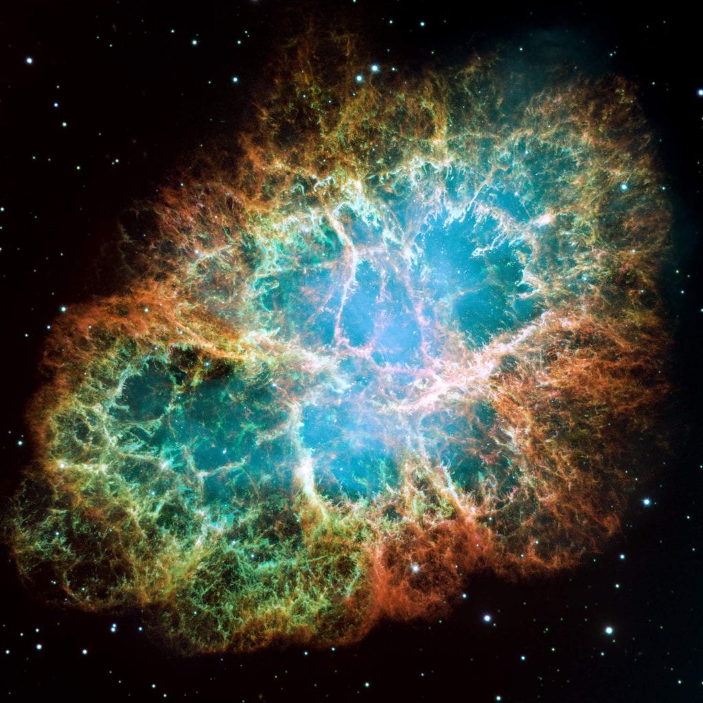 Object M 1, or the Crab Nebula. Mosaic of 24 images taken by Hubble. The colors show the distribution of chemical elements. Blue is oxygen, green is single ionized sulfur, and red is double ionized oxygen. This was the first object Charles Messier spotted and a definite must-see during the Messier Marathon. Credit: NASA, ESA, J. Hester and A. Loll (Arizona State University)