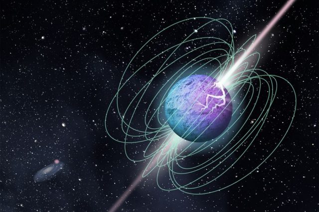 Artist's impression of magnetic bursts coming from a magnetar that could be the explanation of the fast radio bursts we detect on Earth. Credit: McGill University Graphic Design Team