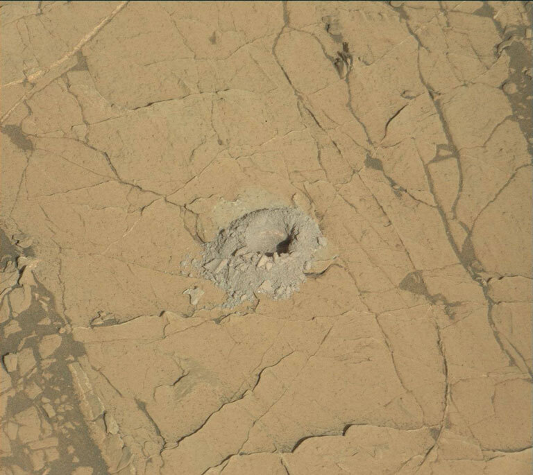 This is the "Nontron" drill hole imaged by Curiosity on Sol 3056. Credit: NASA/JPL-Caltech/MSSS