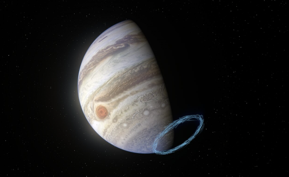 An artists rendering of Jupiter's powerful storms and auroras. ESO/L. Calçada & NASA/JPL-Caltech/SwRI/MSSS.