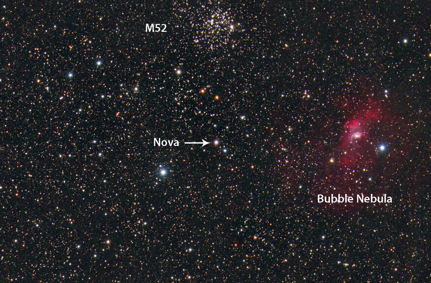 Here is an image of the new bright nova next to two well-known celestial objects - M52 and the Bubble Nebula. Credit: Dennis di Cicco