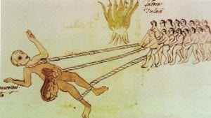 An illustration from an old manuscript from the colonial era called Codex Rios depicting Aztec warriors that captured a Quinametzin giant. Credit: Infobae