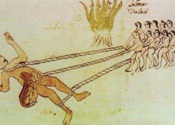 An illustration from an old manuscript from the colonial era called Codex Rios depicting Aztec warriors that captured a Quinametzin giant. Credit: Infobae