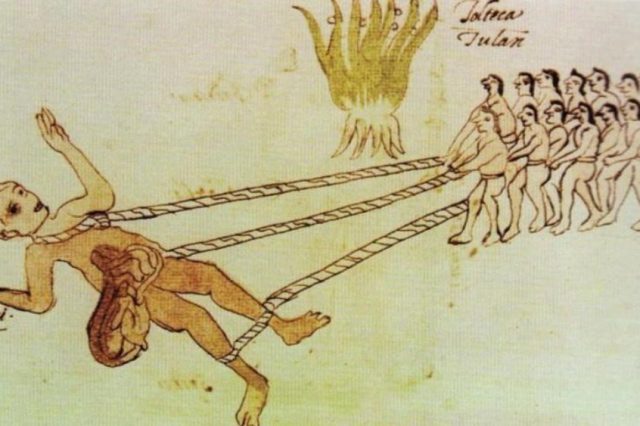 An illustration from an old manuscript from the colonial era called Codex Rios depicting Aztec warriors that captured a Quinametzin giant. Credit: Infobae