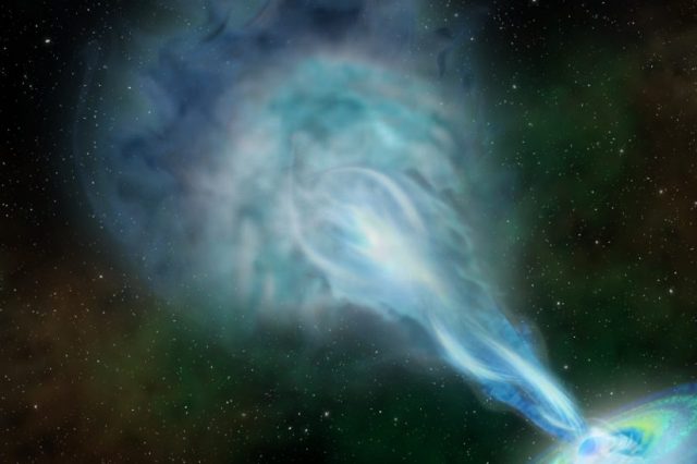 Artist's interpretation of quasar PJ352-15 whose X-ray jet was recenrly discovered by scientists. Credit: Robin Dienel, courtesy of Carnegie Institution for Science