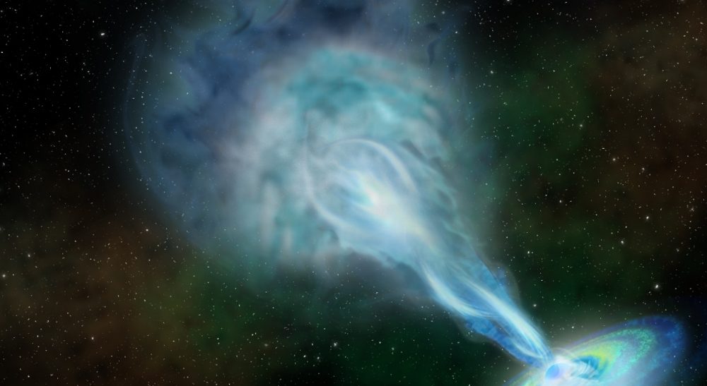 Artist's interpretation of quasar PJ352-15 whose X-ray jet was recenrly discovered by scientists. Credit: Robin Dienel, courtesy of Carnegie Institution for Science
