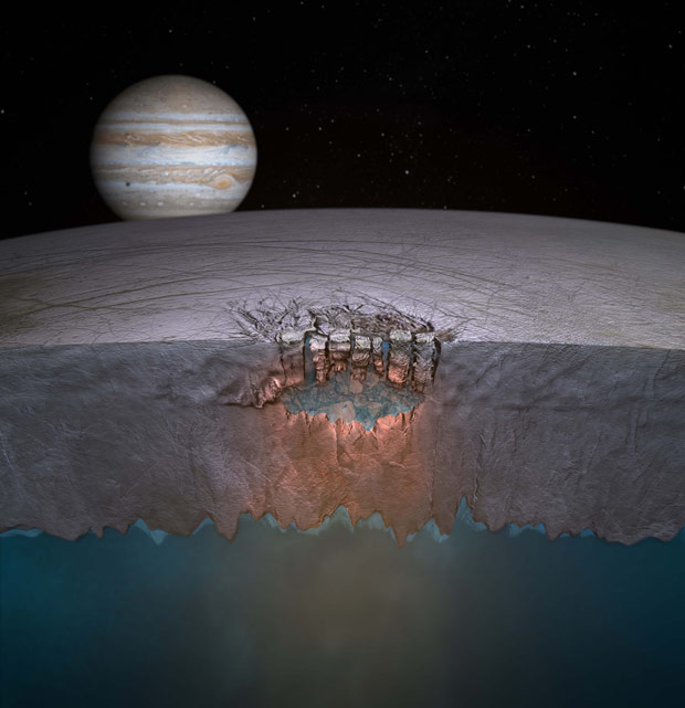 Astist's impression of a lake in the ice of Europa - one of the ways for water to reach the surface of the moon. Credit: NASA/JPL