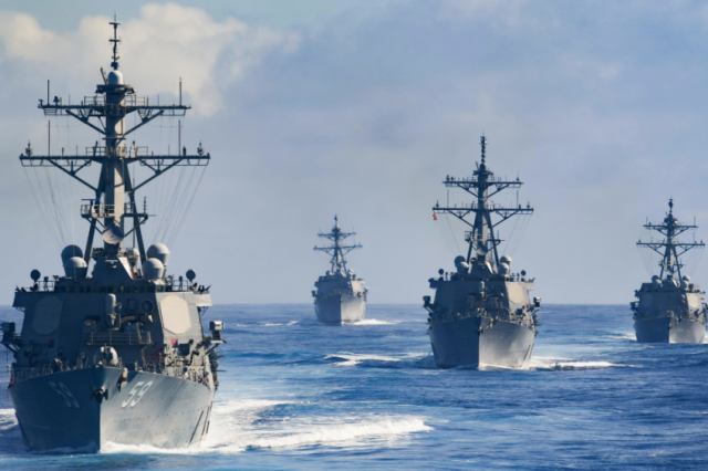 Three of the four American destroyers that were pursuited by UFO drones appear in this picture - USS Russell (DDG 59), USS Kidd (DDG 100), and USS (Rafael Peralta). Learn all about the incident below. Credit: U.S. Navy