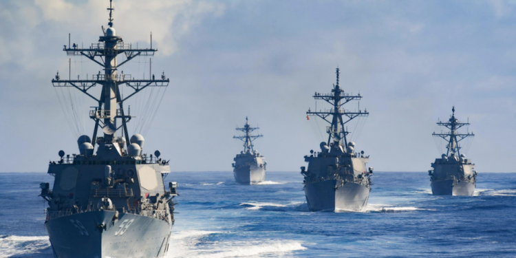 Three of the four American destroyers that were pursuited by UFO drones appear in this picture - USS Russell (DDG 59), USS Kidd (DDG 100), and USS (Rafael Peralta). Learn all about the incident below. Credit: U.S. Navy