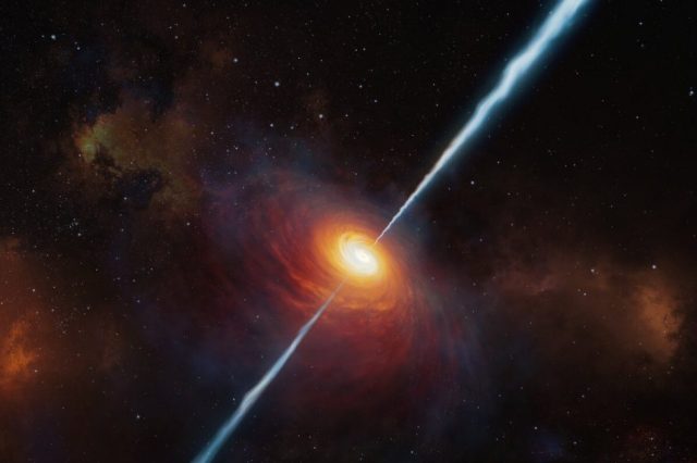 Artist's impression of Quasar P172 + 18 that emmited a radio signal more than 13 billion years ago. Credit: M. Kornmesser / ESO