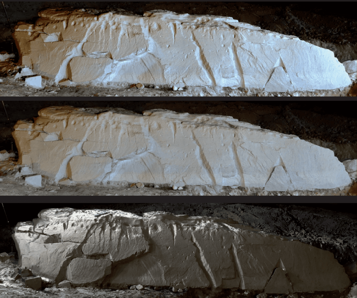 Several shots of the massive megalithic slab found in France. Credit: Julie Boudry, Inrap