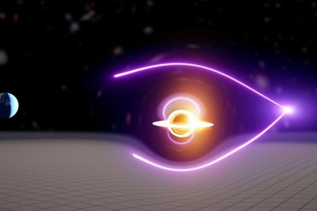 This artistic impression illustrates a new black hole that was discovered through gravitational lensing using light from an ancient gamma-ray burst. (Image credit: Carl Knox, OzGrav)