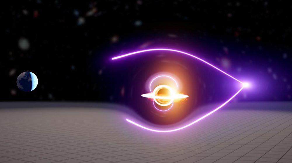 This artistic impression illustrates a new black hole that was discovered through gravitational lensing using light from an ancient gamma-ray burst. (Image credit: Carl Knox, OzGrav)