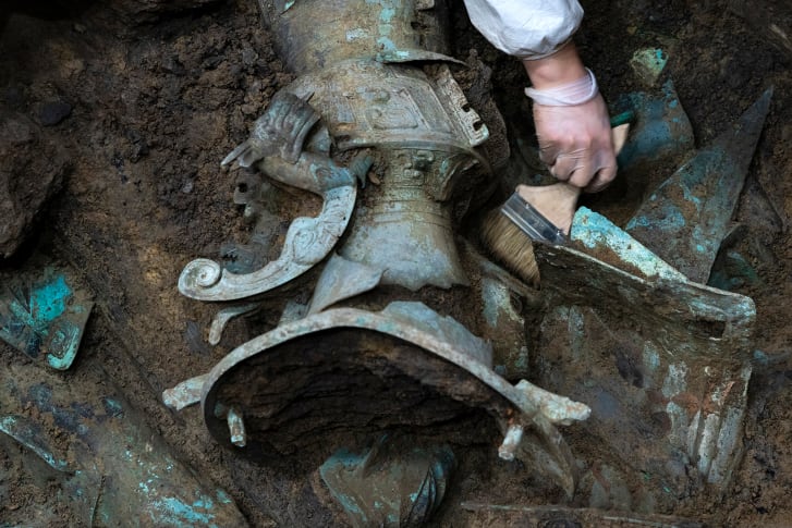 Massive bronze artifacts unearthed in one of the burial pits in the Chinese ruins. Credit: Shen Bohan/Sinhua/Sipa USA