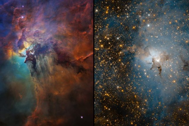 These two images of Messier 8, otherwise known as the Lagoon Nebula, show two different views of the object. On the left, we see a visible-light image that shows the gas and dust clouds while the near-infrared image on the right shows us the stars behind the clouds. This object is a definite must-see during the Messier Marathon. Credit: NASA, ESA and STScI