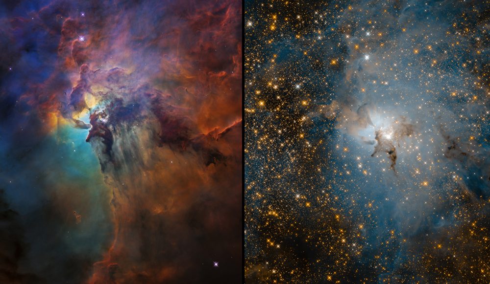 These two images of Messier 8, otherwise known as the Lagoon Nebula, show two different views of the object. On the left, we see a visible-light image that shows the gas and dust clouds while the near-infrared image on the right shows us the stars behind the clouds. This object is a definite must-see during the Messier Marathon. Credit: NASA, ESA and STScI